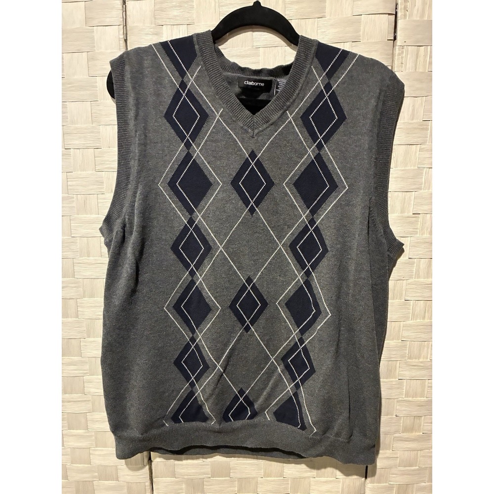 Claiborne Mens Large Sweater Vest Argyle Maroon 100% Cotton EUC